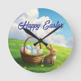 Peaceful Easter Spring Meadow Bunny & Egg Basket Ronde Klok