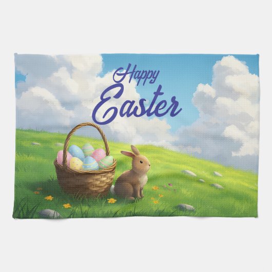 Peaceful Easter Spring Meadow Bunny & Egg Basket Theedoek (Horizontaal)