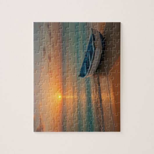 Peaceful Golden Sunset with Boat on Beach Puzzle (Vertical)