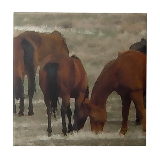 Peaceful Horse Herd Grazing Samen Western Tegeltje (Voorkant)