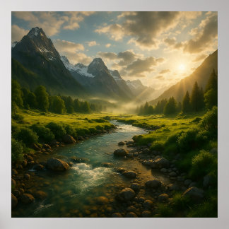 Peaceful Mountain River Landscape Nature Poster Wa