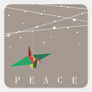 Peaceful Origami Paper Crane Fairy Lights Holiday Vierkante Sticker