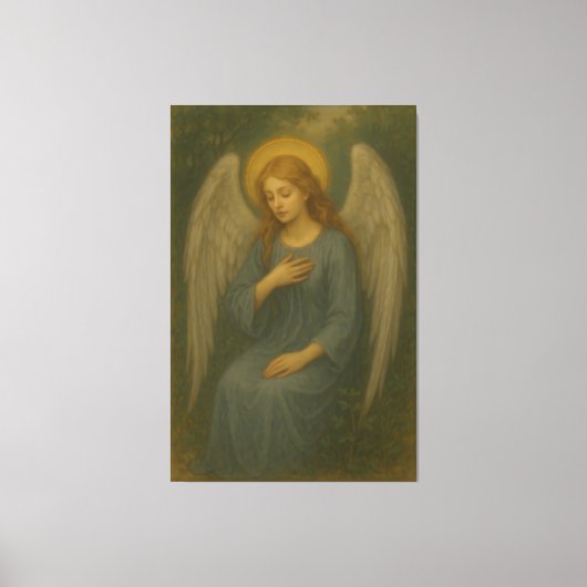 Peaceful Prayer Angel – Golden Halo White Wing Gua Canvas Afdruk (Voorkant)
