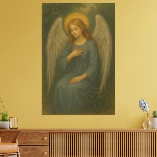 Peaceful Prayer Angel – Golden Halo White Wing Gua Canvas Afdruk (Insitu (Woonkamer))