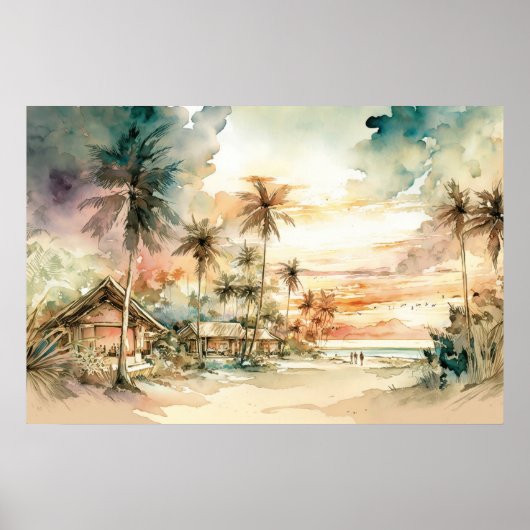Peaceful Sunset Tropical Beach Waterverf Poster (Voorkant)