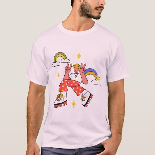 Peaceful Vibes Retro Graphic T-shirt – Rainbow & S (Voorkant)