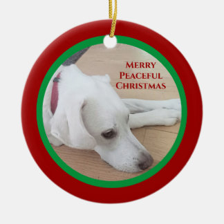 Peaceful White Dog Red Collar Kerstmis Keramisch Ornament