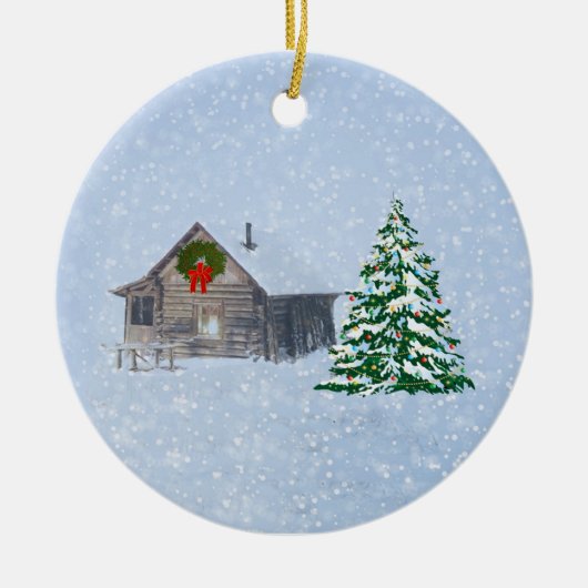 Peaceful Winter Kerstmis Cabin Keramisch Ornament (Voorkant)