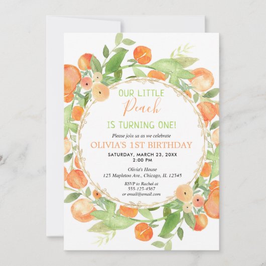Peach 1e verjaardag meisjesuitnodigingen, perziken kaart (Voorkant)