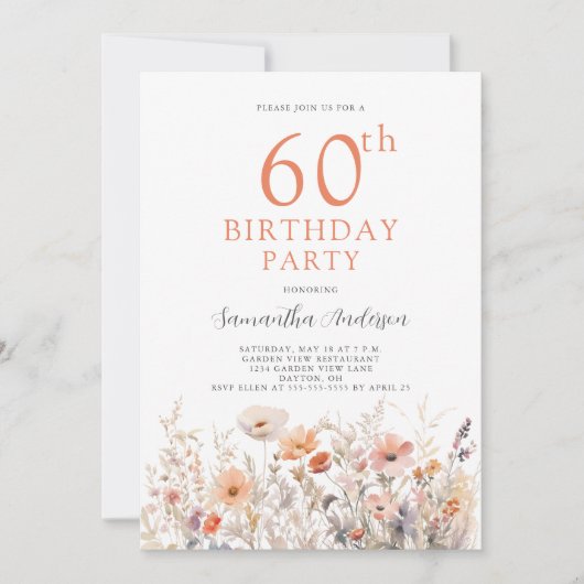 Peach 60th Birthday Floral Kaart (Voorkant)