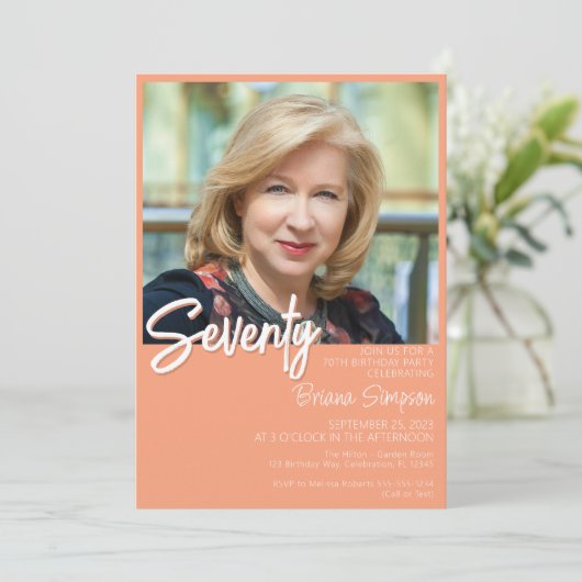 Peach 70th Birthday Photo Invitation (Debout devant)