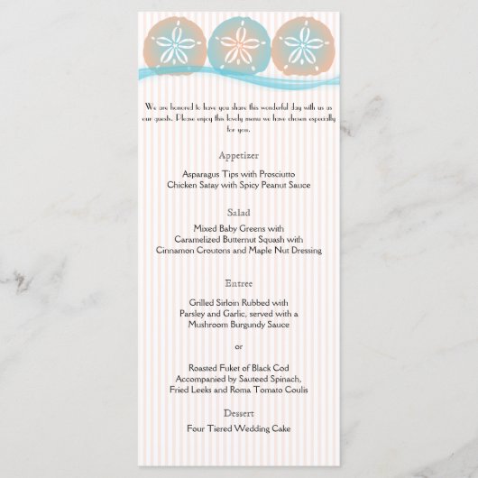 Peach and Blue Sand Dollars Beach Wedding Menu (Devant)
