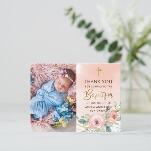 Peach and Gold Photo Baptisme Hartelijk dank Briefkaart (Staand voorkant)