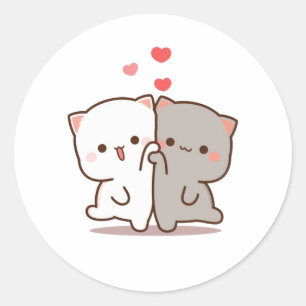Peach and Goma Mochi Cat Ronde Sticker