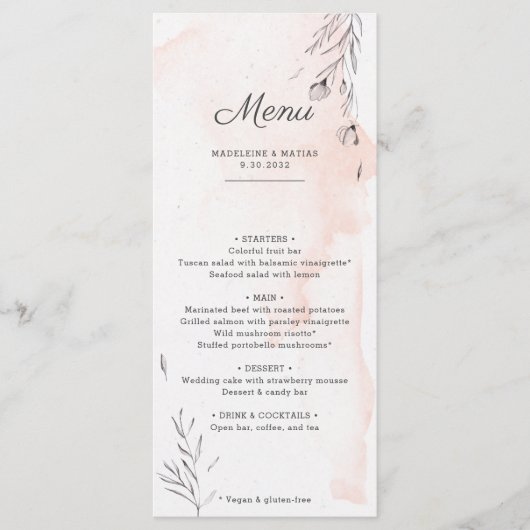 Peach and grey botanical romantique menu mariage (Devant)