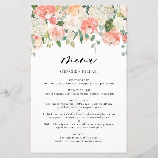 Peach and Ivory Waterverf Flowers Wedding Menu (Voorkant)