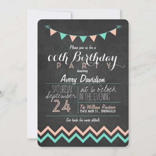 Peach and Mint Green Chalkboard verjaardagsfeestje Kaart (Voorkant)