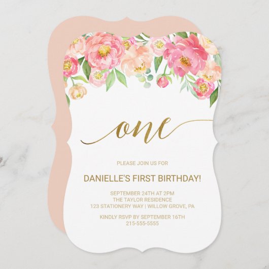 Peach and Pink Peony Flowers First Birthday Party Kaart (Voorkant / Achterkant)