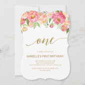 Peach and Pink Peony Flowers First Birthday Party Kaart (Voorkant)