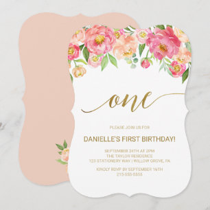 Peach and Pink Peony Flowers First Birthday Party Kaart