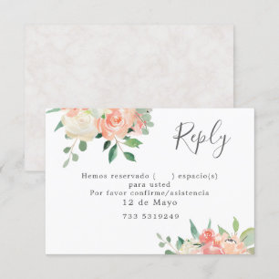 Peach and Pink Waterverf Floral Wedding RSVP Invi Kaart