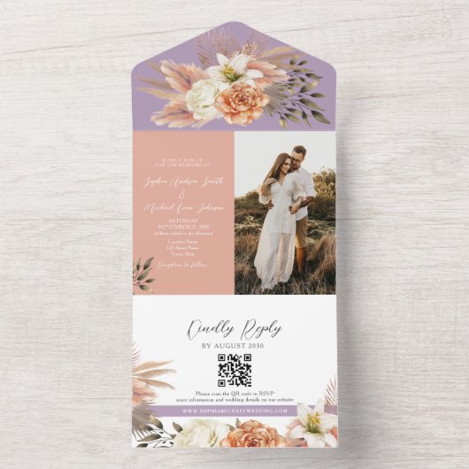 Peach and Purple Floral QR Code Mariage Invitation (À l'intérieur)