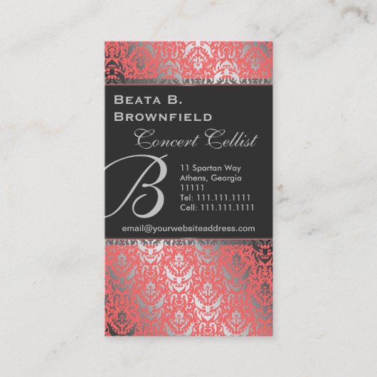 Peach and Silver Elegant Damask Patroon Visitekaartje (Voorkant)