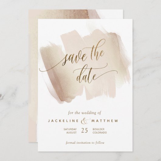 Peach and Terracotta Brush Strokes Minimal Wedding Save The Date (Voorkant / Achterkant)