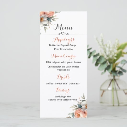 Peach and White Wedding Reception Menu (Debout devant)