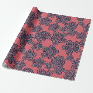 PEACH APRICOT NAVY LACE PATTERN WRAPPING PAPIER