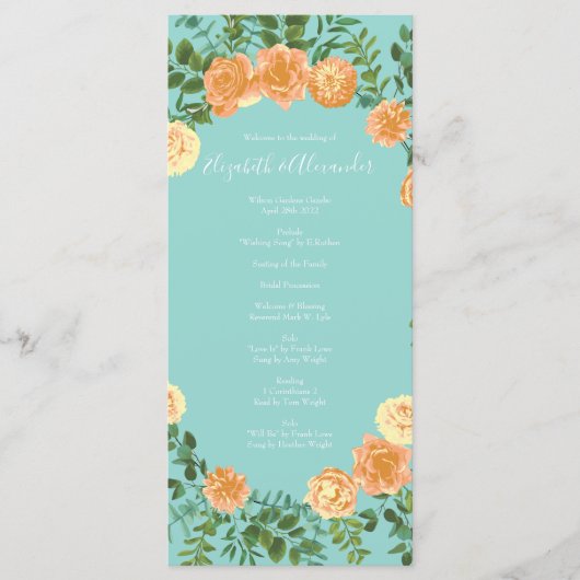 Peach Aqua Blauwgroen Weddenschap Rozen Floral Menu (Voorkant)