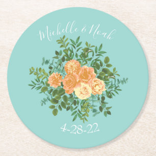 Peach Aqua Blauwgroen Weddenschap Rozen Floral Ronde Kartonnen Onderzetter