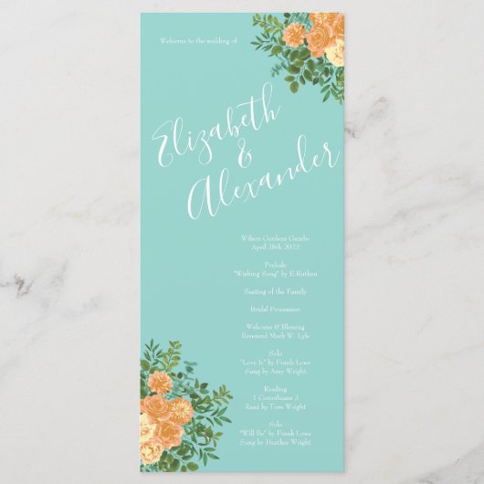 Peach & Aqua Peony & Roos Floral Wedding Programs Menu (Voorkant)
