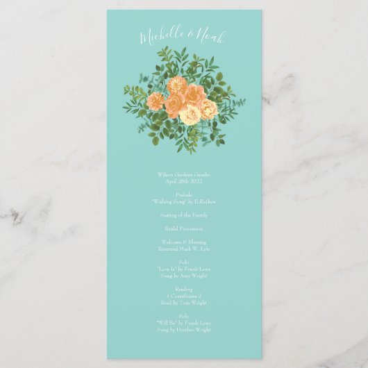 Peach & Aqua Peony & Rose Floral Wedding Programme (Devant)