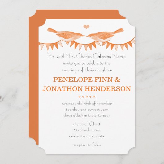 Peach  Bird Bunting Wedding Invitations Kaart (Voorkant / Achterkant)