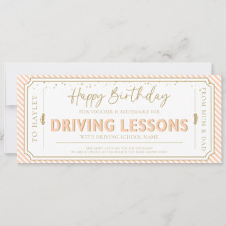 Peach Birthday Driving Lessons Gift Voucher Card Kaart
