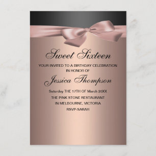 Peach & Black Bow Sweet 16 verjaardagsuitnodiging Kaart