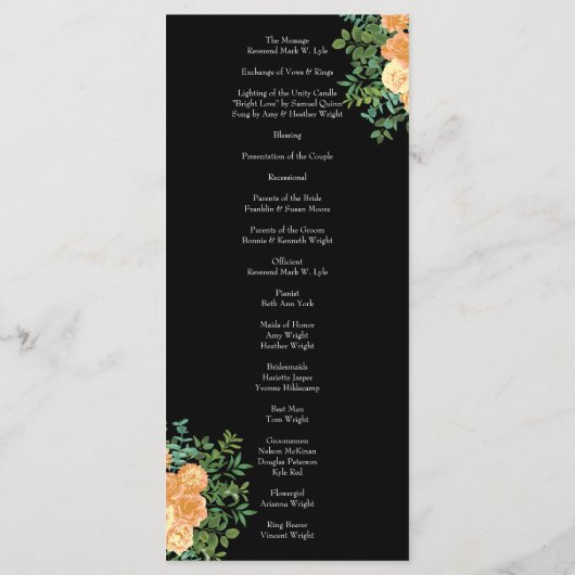 Peach Black Peony Roos Wedding Programs Menu (Achterkant)