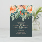 Peach Blauwgroen Floral Waterverf Wedding Invitati (Staand voorkant)