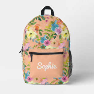 Peach bloemmotief gepersonaliseerde meisjesnaam bedrukte rugzak
