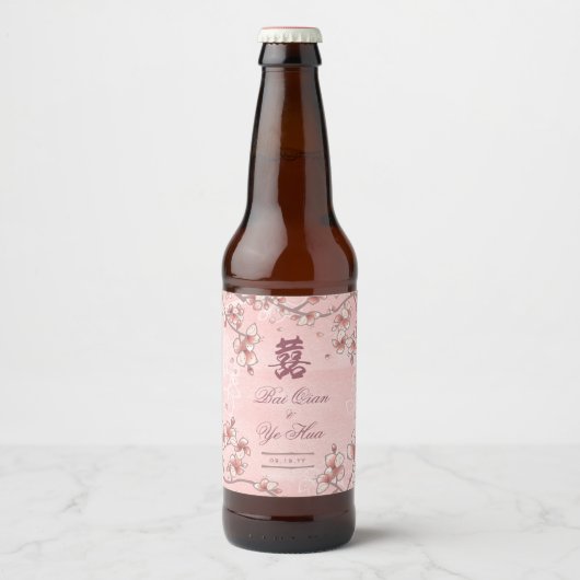 Peach Blossom Double Happiness Chinese bruiloft Bier Etiket (Voorkant)
