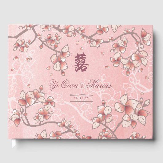 Peach Blossom Double Happiness Chinese bruiloft Gastenboek (Voorkant)