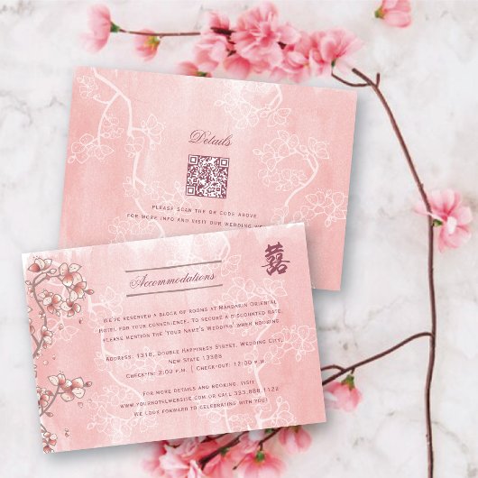 Peach Blossom Double Happiness Chinese bruiloft Informatiekaartje