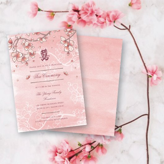 Peach Blossom Double Happiness Chinese bruiloft Informatiekaartje