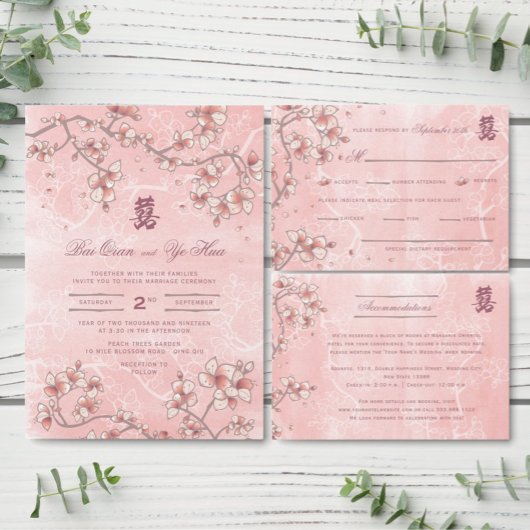 Peach Blossom Double Happiness Chinese bruiloft Informatiekaartje