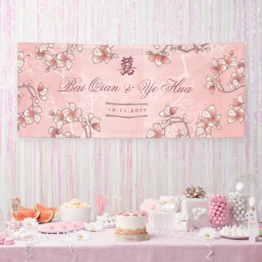 Peach Blossom Double Happiness Chinese bruiloft Spandoek (Feest)