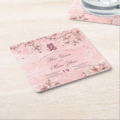 Peach Blossom Double Happiness Chinese bruiloft Vierkante Kartonnen Onderzetter (Schuin)