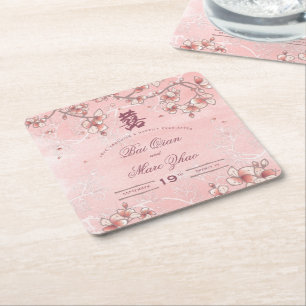 Peach Blossom Double Happiness Chinese bruiloft Vierkante Kartonnen Onderzetter