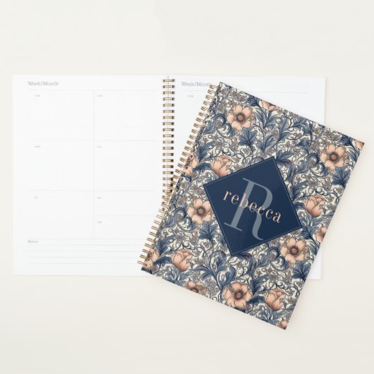 Peach Blue Floral William Morris Elegant Monogram (Devant avec enveloppe)