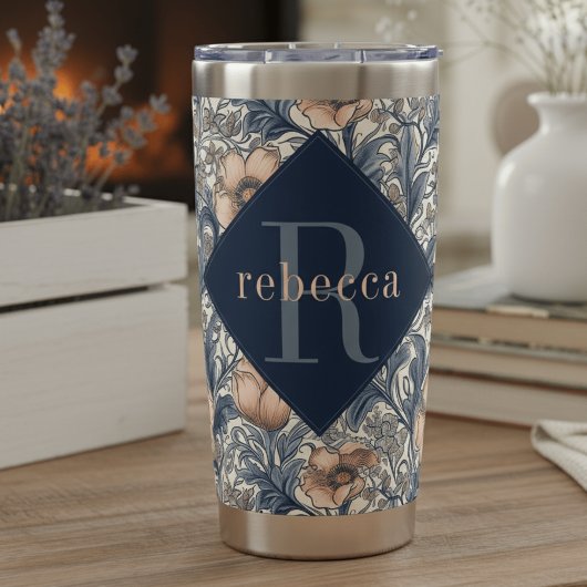 Peach Blue Floral William Morris Elegant Monogram Geïsoleerde Drinkbeker